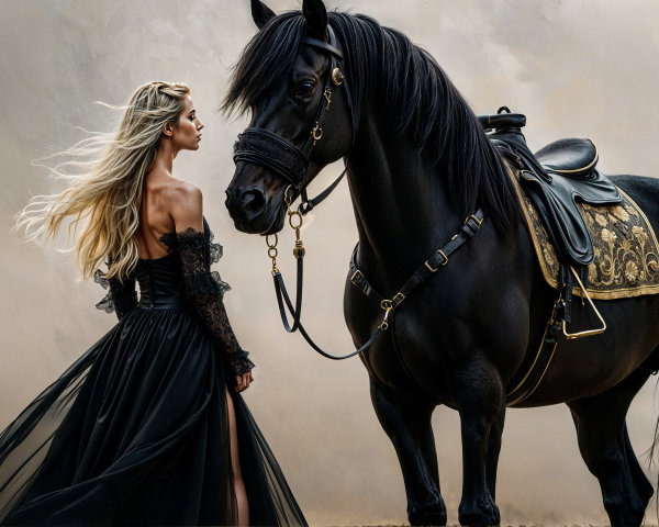 Elegant Woman in Black Gown with Majestic Horse