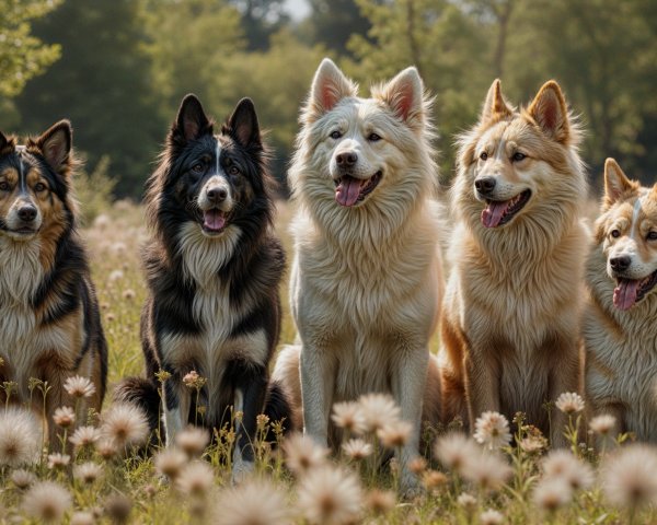 Five Dogs in a Sunlit Field of Dandelion Flowers