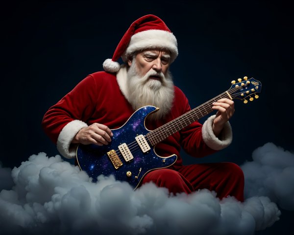 Stern Old Santa Claus Playing Galaxy Pattern Guitar