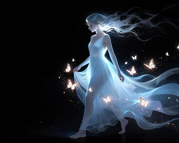 Woman in Translucent Dress Surrounded by Butterflies