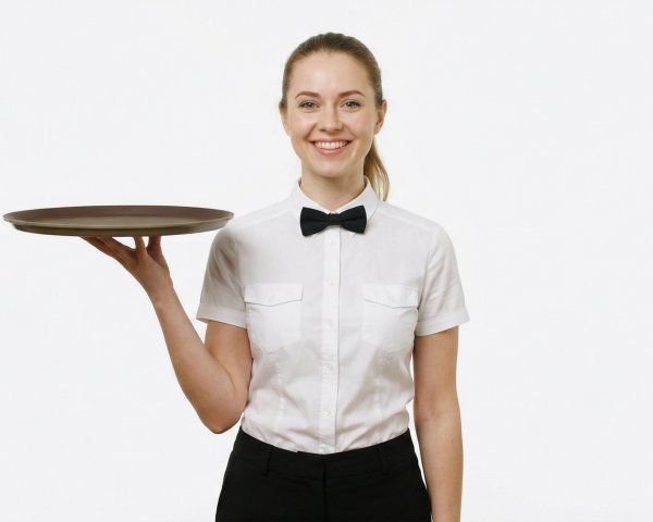 Young Female Waitress in Uniform with Serving Tray