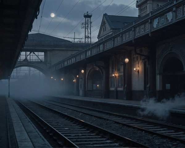 Dimly Lit Train Station with Vintage Architecture at Dusk