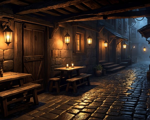Charming Cobblestone Alleyway with Lanterns and Barrels