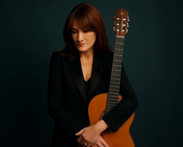 Waist-Up Portrait of Woman with Guitar on Dark Green