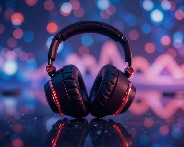 Black Headphones on Reflective Surface with Bokeh Lights