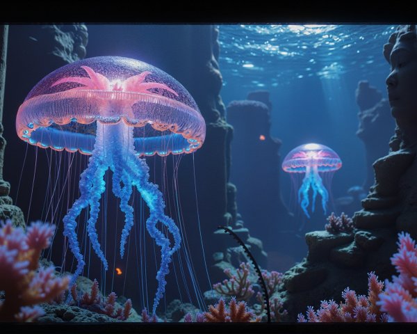 Underwater Scene of Glowing Jellyfish and Ruins