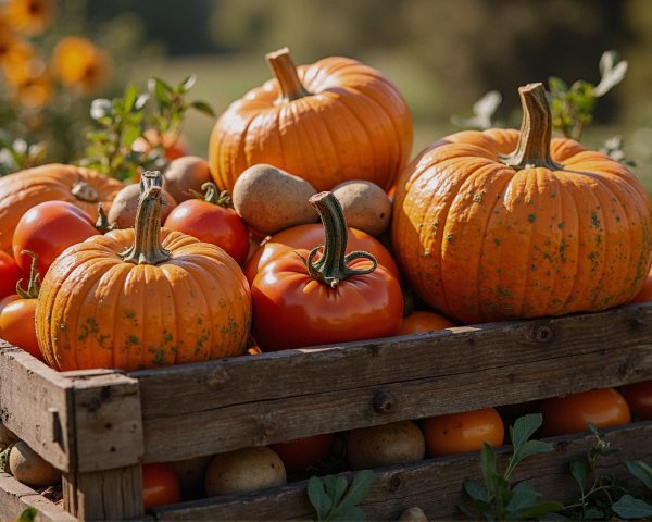 Rustic Crate with Pumpkins, Tomatoes, and Potatoes