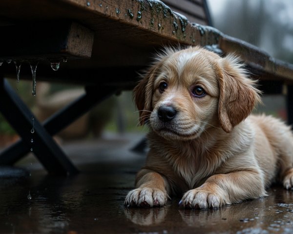 Fluffy Golden Puppy on Wet Surface by Wooden Bench