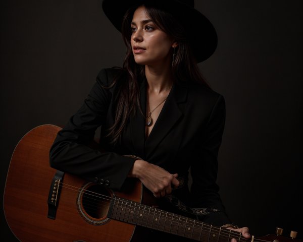 Woman with Guitar in Black Outfit and Wide-Brimmed Hat