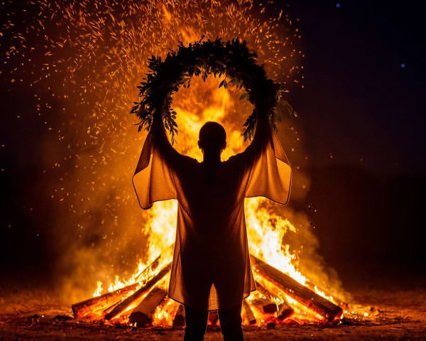 Person in Tunic with Wreath by Large Bonfire at Night