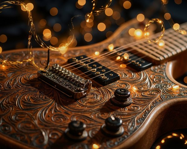 Ornately Carved Guitar with Twinkling Fairy Lights