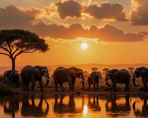 Elephants at Sunset by a Tranquil Waterhole