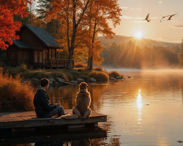 Autumn Scene of a Person and Dog by a Lake
