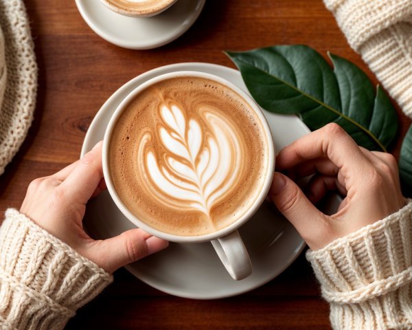 Cozy Latte Scene with Leaf Art and Knitted Textiles
