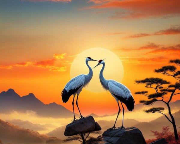 Cranes at Sunset in a Serene Landscape Setting