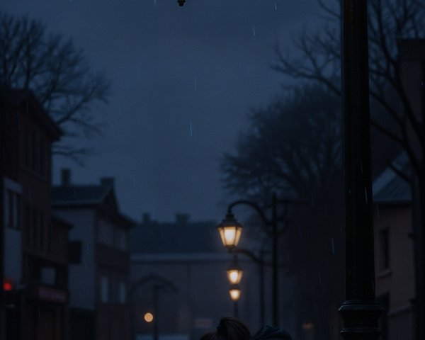 Solitary Figure on Rainy Cobblestone Street at Night