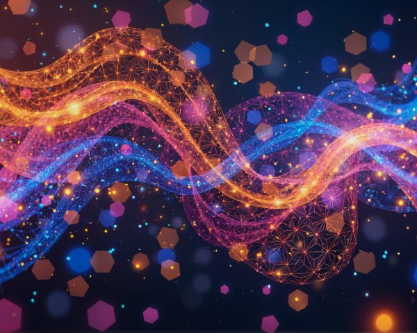 Vibrant Digital Abstract Artwork with Orange and Blue Waves