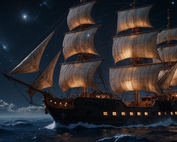 Vintage sailing ship on dark starry waters