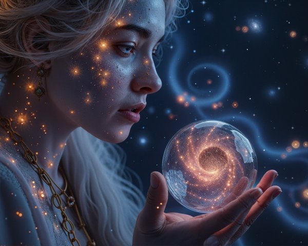 Young Woman Holding a Glowing Crystal Orb in Cosmos