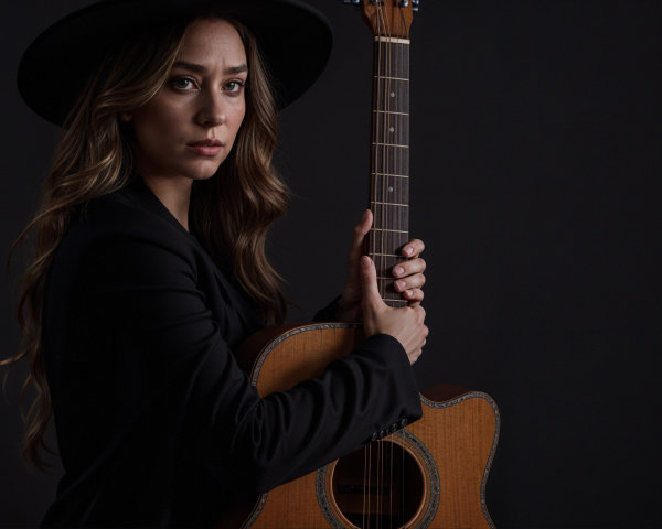 Woman in black suit with guitar against dark backdrop