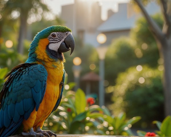 Vibrant Macaw with Blue and Yellow Feathers in Garden