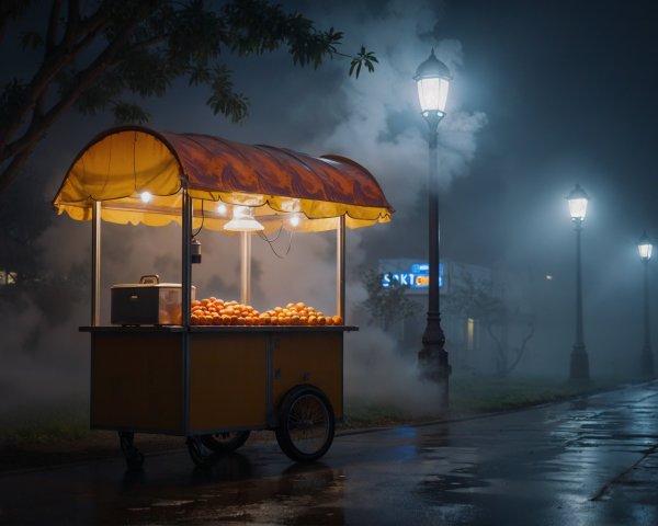 Orange Cart in Misty Urban Park at Night