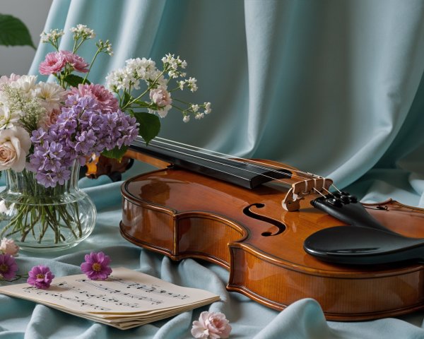 Wooden violin on teal fabric with flowers and sheet music