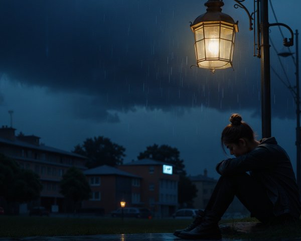 Solitary figure under streetlamp in rainy urban scene