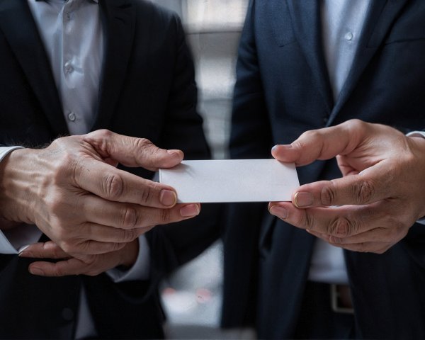 Formal Suit Exchange with Blank Business Card in Urban Setting