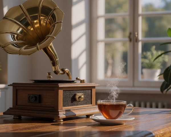 Vintage Gramophone and Teacup on Wooden Table