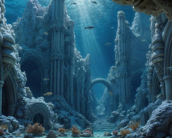 Underwater Temple with Ancient Architecture and Marine Life