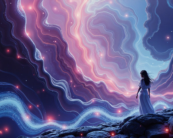 Serene Figure in White Dress Amid Cosmic Landscape
