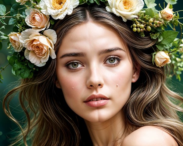 Young woman with flower crown in lush green setting
