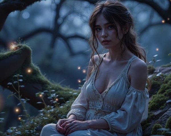 Young Woman in Mystical Forest at Twilight