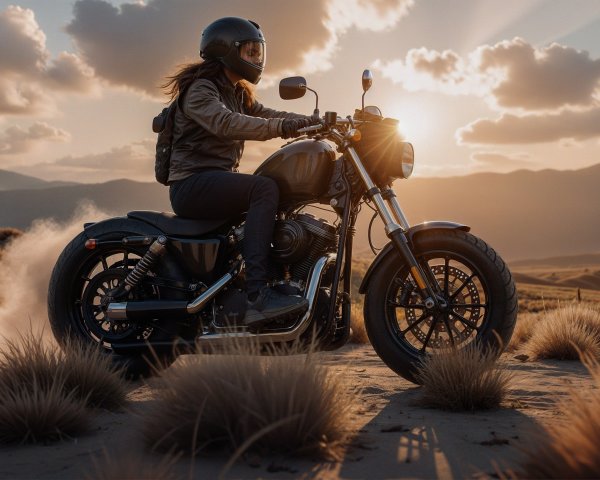 Rider on Motorcycle at Sunset on Sandy Dune