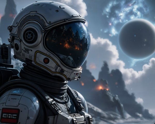 Futuristic astronaut in a cosmic landscape with galaxies