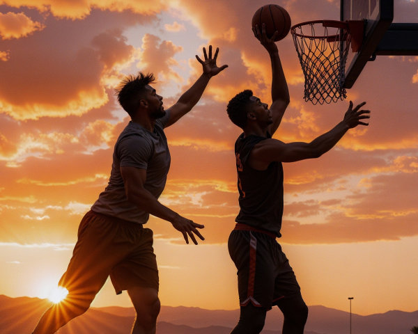 Basketball Players Silhouetted at Sunset on Court