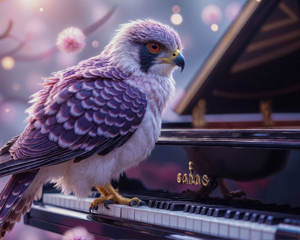 Whimsical Bird on Elegant Piano with Pink Blossoms