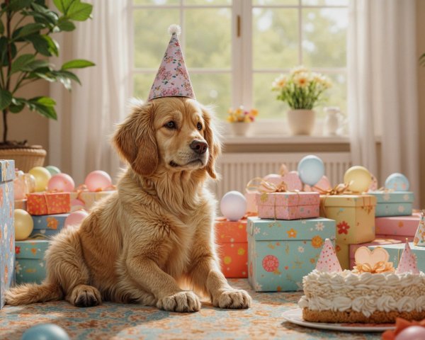 Golden Retriever at a Festive Birthday Celebration