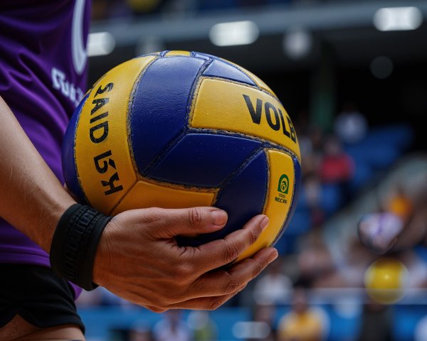 Close-up of Hand Gripping Blue and Yellow Volleyball