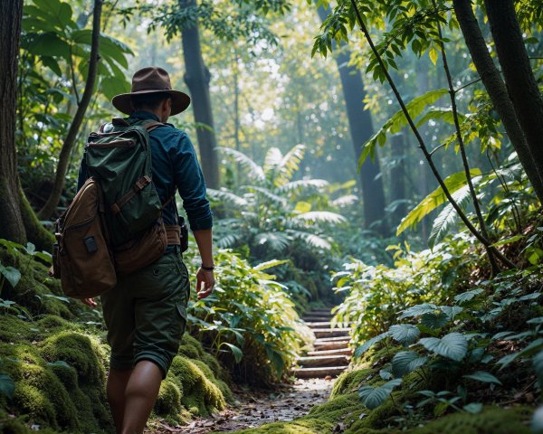 Young Adventurer Walking in Lush Rainforest Path