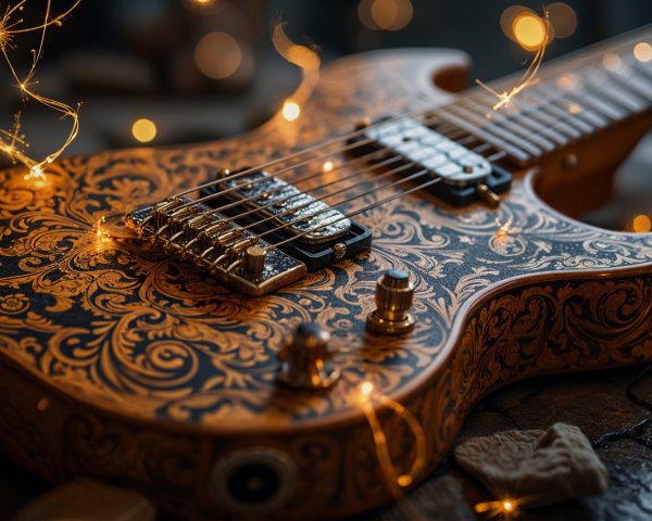 Ornate Electric Guitar with Fairy Lights on Stone Surface