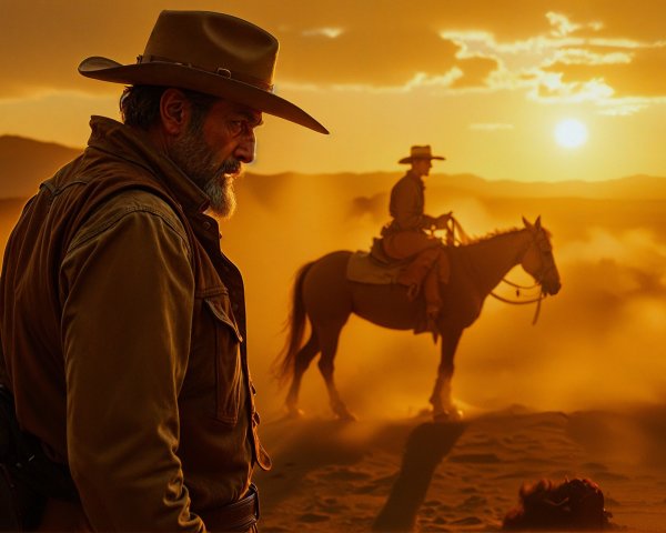 Dramatic Sunset with Cowboys in a Wild Landscape