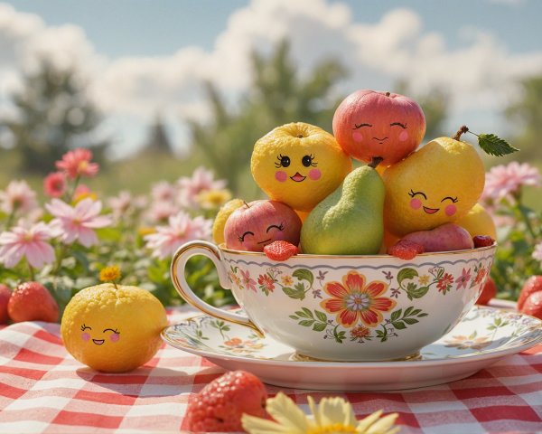 Colorful Cartoon Fruit in Decorative Teacup Scene