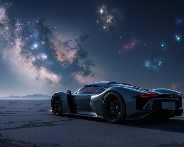 Futuristic Sports Car in Cosmic Landscape at Night