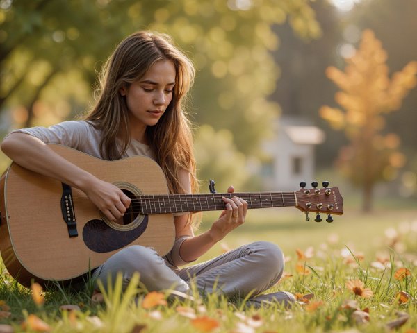 Young woman playing guitar in a serene park setting