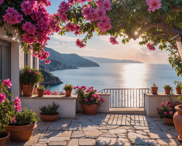 Coastal Scene with Sunset and Vibrant Flowers