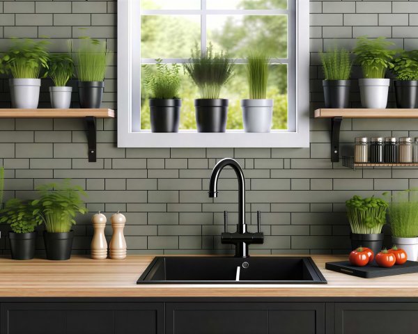 Modern Kitchen with Sage Green Tiles and Dark Cabinets