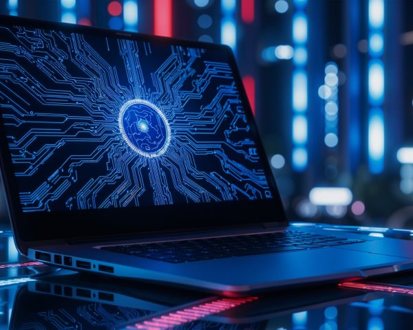 Sleek Laptop with Circuit Design and Neon Background