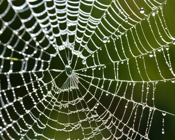 Close-up of a spiderweb with water droplets and light